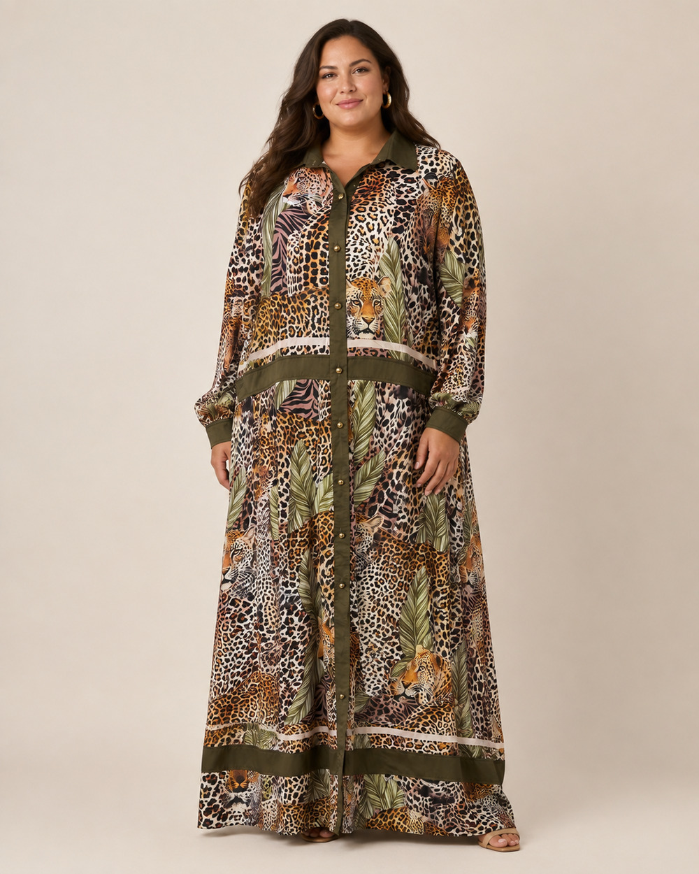 Women's Maxi Shirt Dress Jungle Leopard Animal Print Long Sleeve Size 3XL